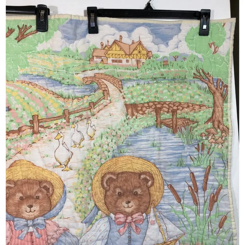 Vintage Quilt Baby Blanket Teddy Bears Bunny AS IS READ Retro Pastel